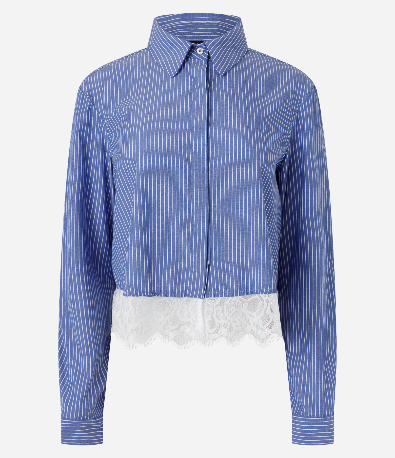 Camisa Cropped em Tricoline Risca de Giz com Renda Azul Marinho 5