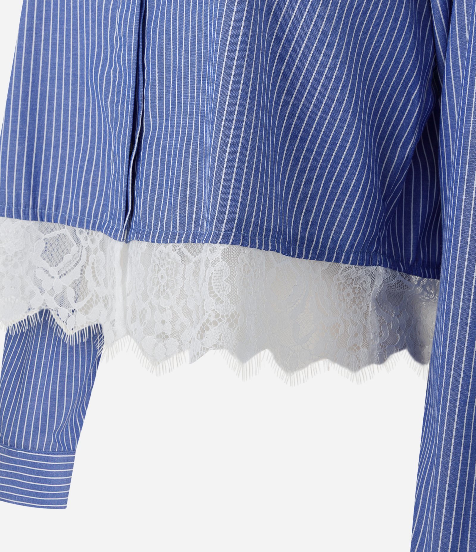 Camisa Cropped em Tricoline Risca de Giz com Renda Azul Marinho 6