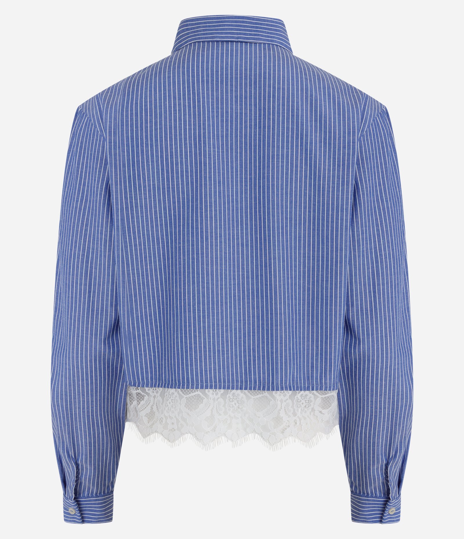 Camisa Cropped em Tricoline Risca de Giz com Renda Azul Marinho 7