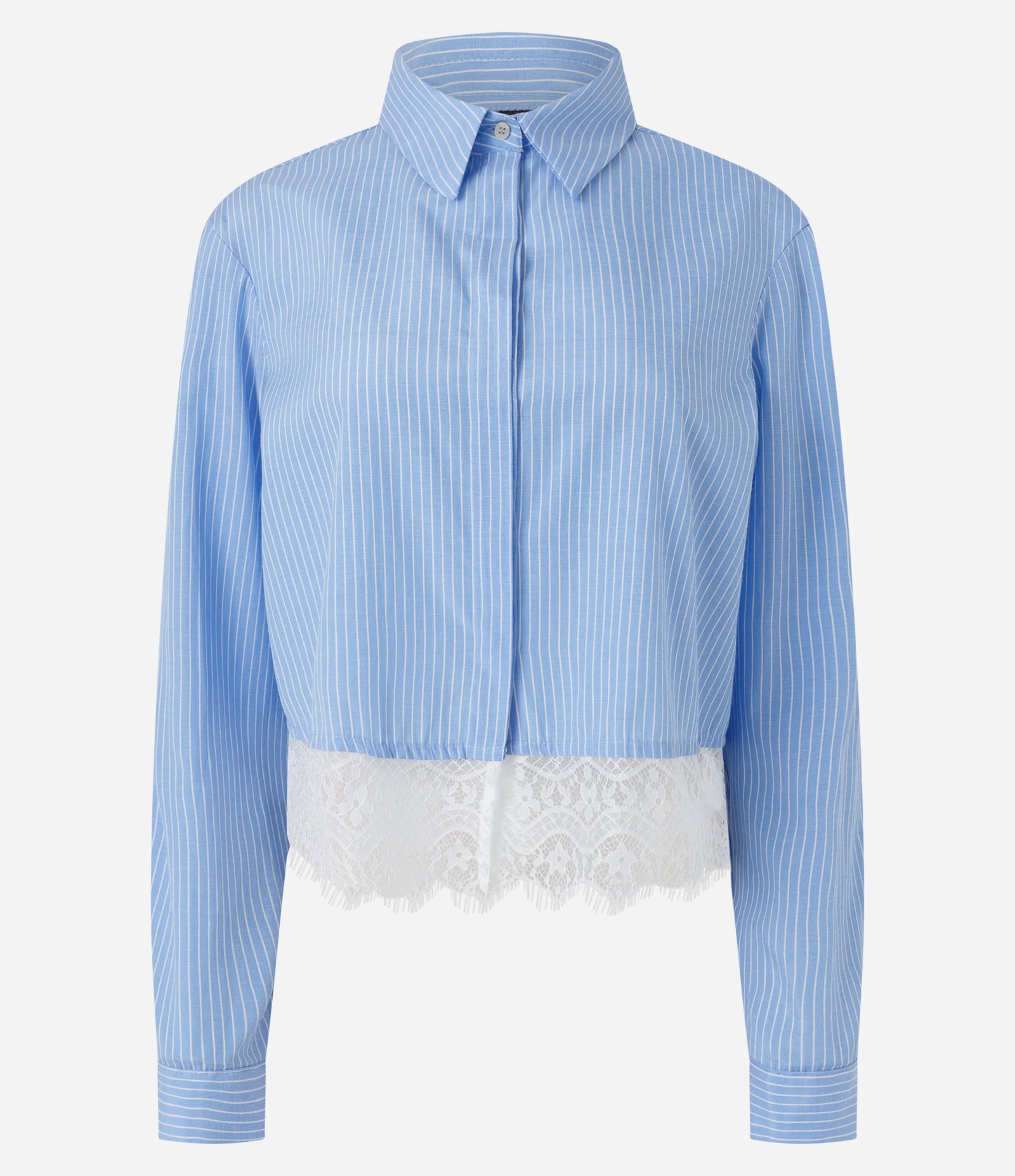 Camisa Cropped em Tricoline Risca de Giz com Renda Azul 5