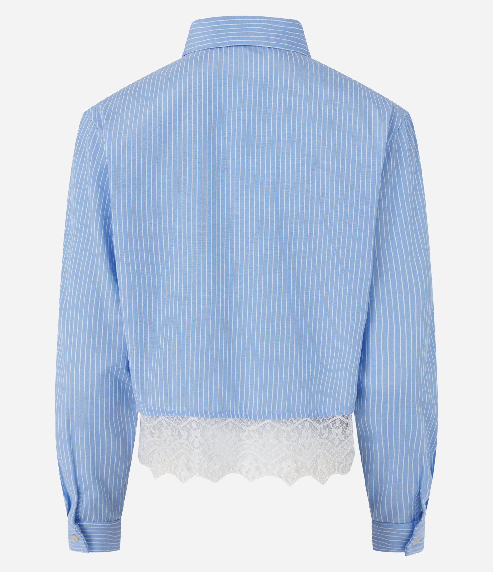 Camisa Cropped em Tricoline Risca de Giz com Renda Azul 7