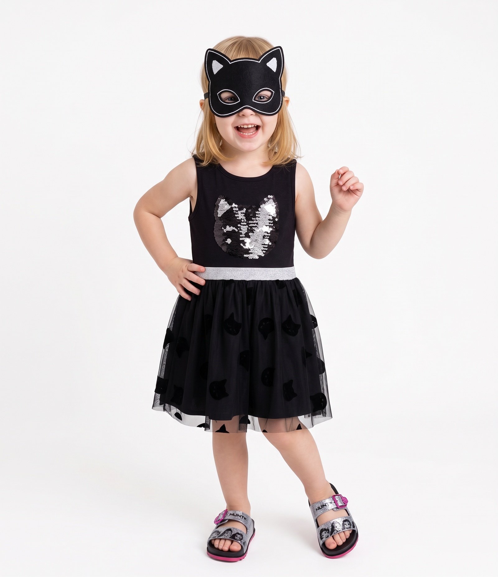 Vestido Infantil Em Algodão Estampa Gato com Paetês - Tam 1 a 6 Anos Preto 1