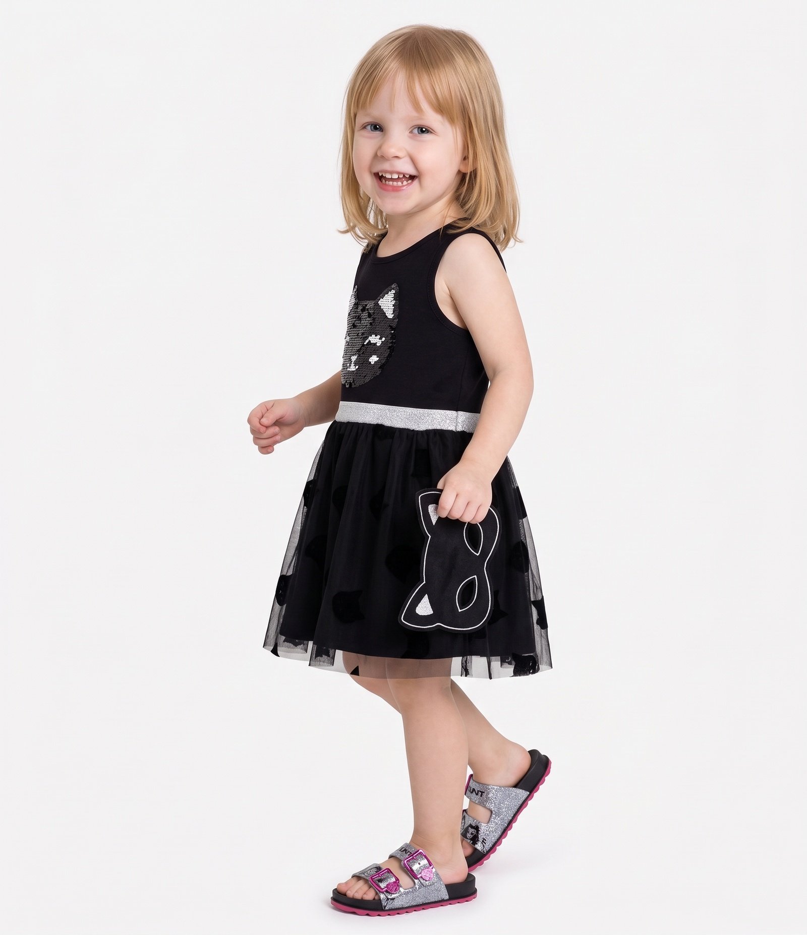 Vestido Infantil Em Algodão Estampa Gato com Paetês - Tam 1 a 6 Anos Preto 2