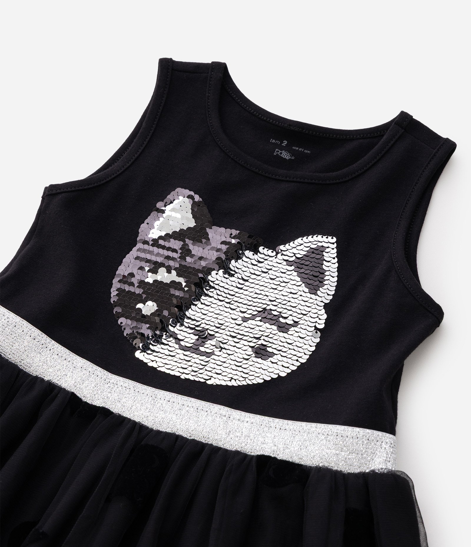 Vestido Infantil Em Algodão Estampa Gato com Paetês - Tam 1 a 6 Anos Preto 7