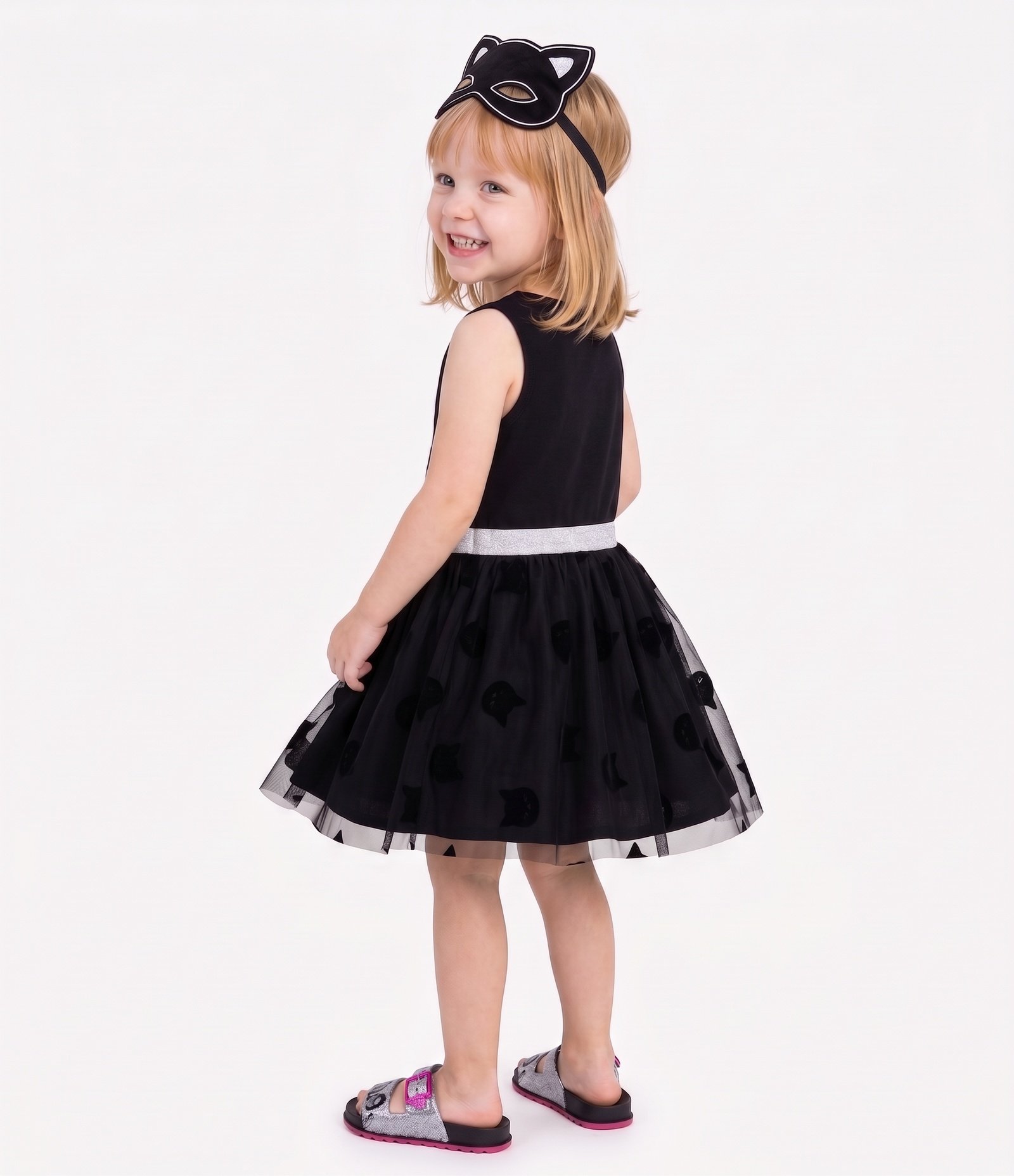 Vestido Infantil Em Algodão Estampa Gato com Paetês - Tam 1 a 6 Anos Preto 8