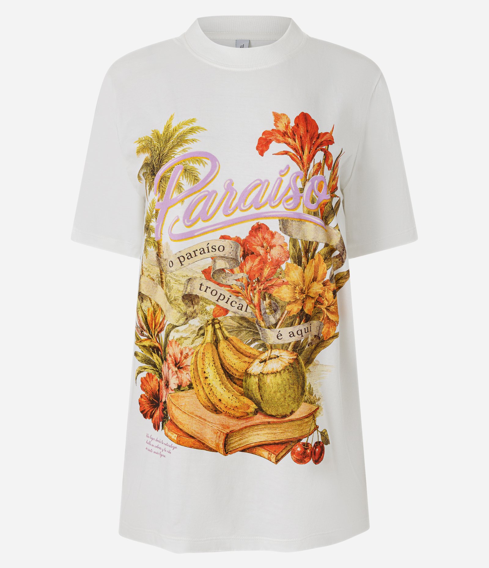 Camiseta Alongada em Algodão com Estampa Paraíso Tropical Branco 5