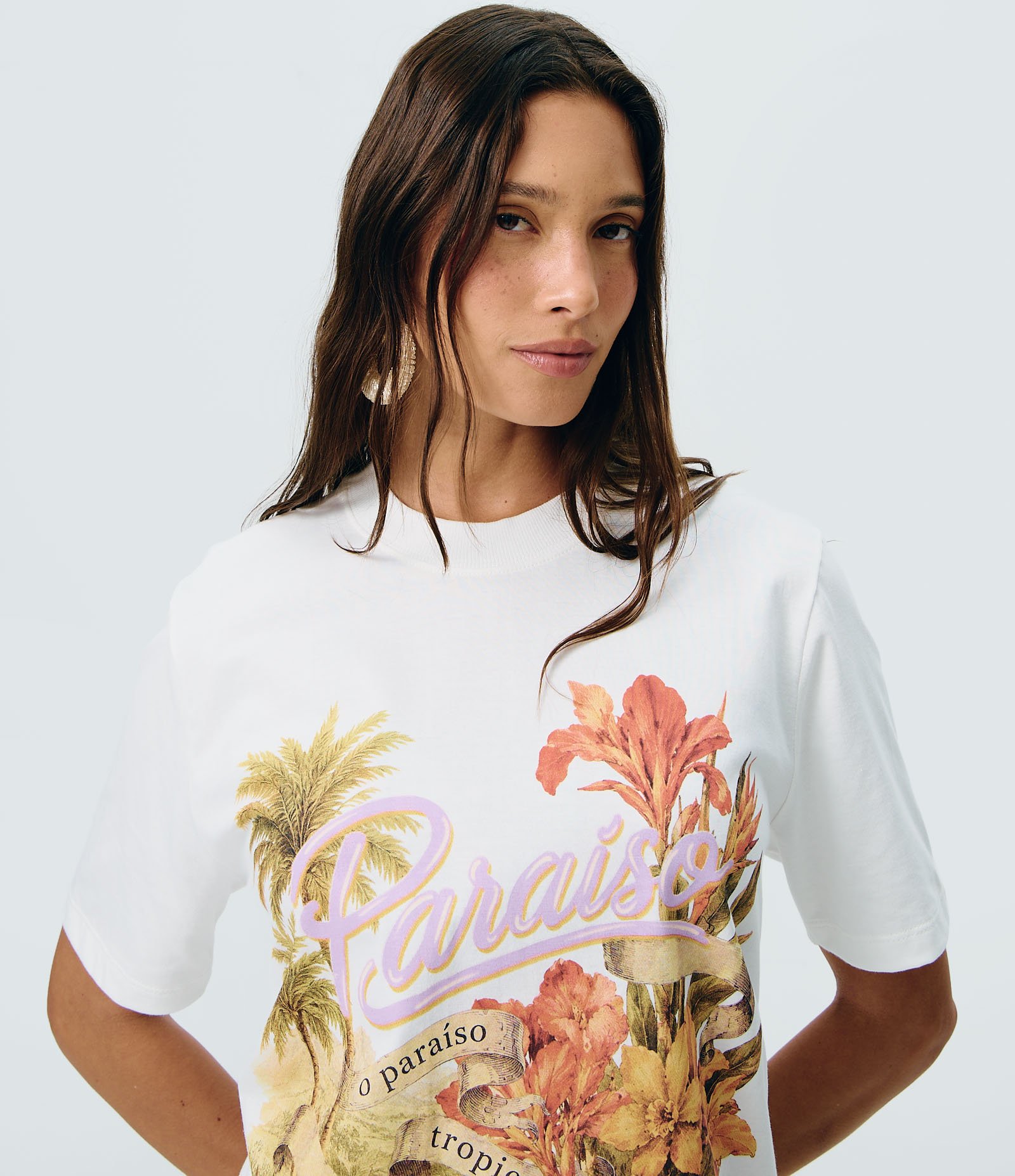 Camiseta Alongada em Algodão com Estampa Paraíso Tropical Branco 1