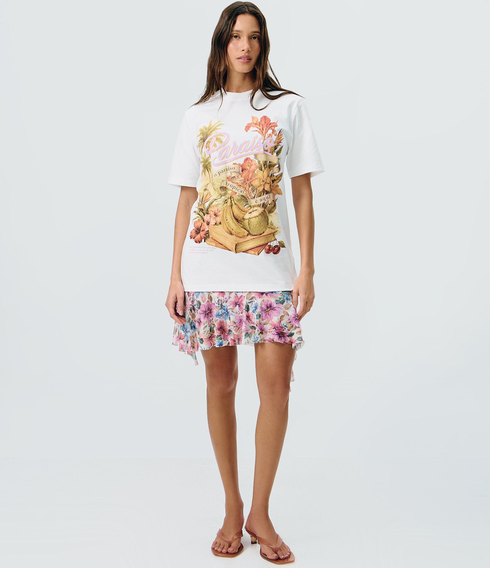 Camiseta Alongada em Algodão com Estampa Paraíso Tropical Branco 2