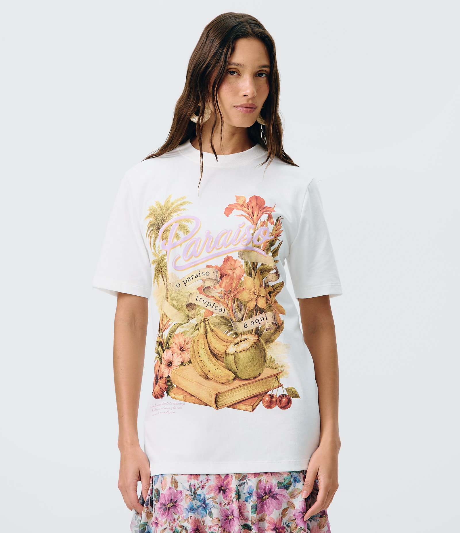 Camiseta Alongada em Algodão com Estampa Paraíso Tropical Branco 3
