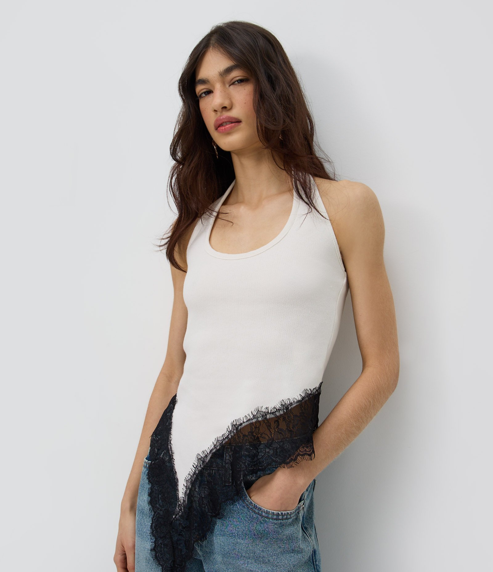 Blusa Frente Única em Tricô com Renda Branco 1