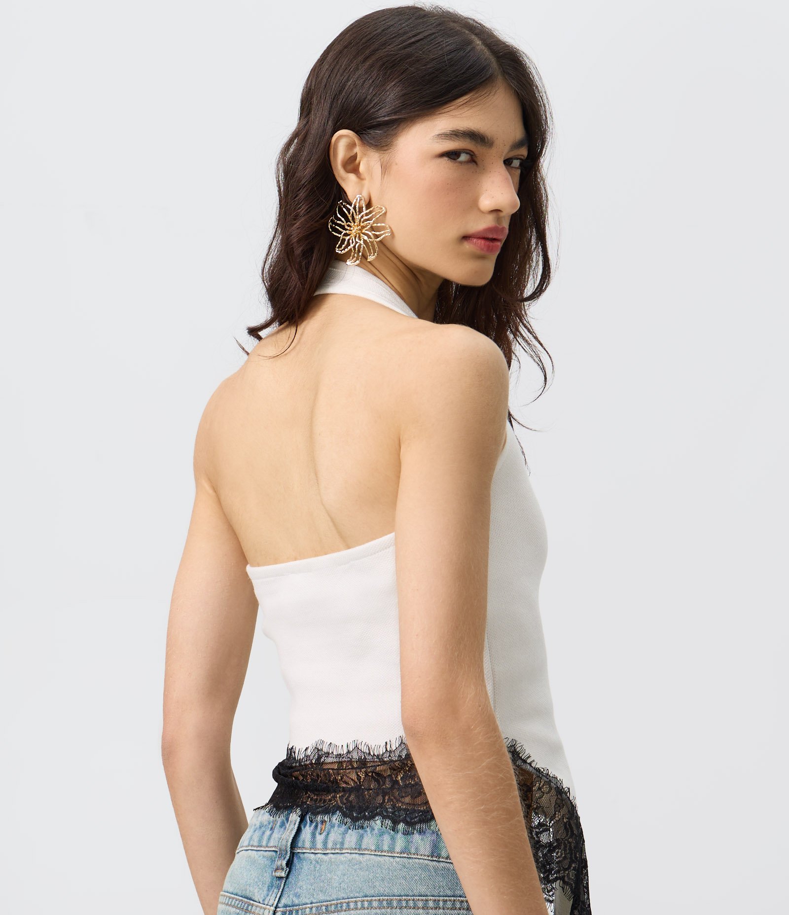 Blusa Frente Única em Tricô com Renda Branco 4