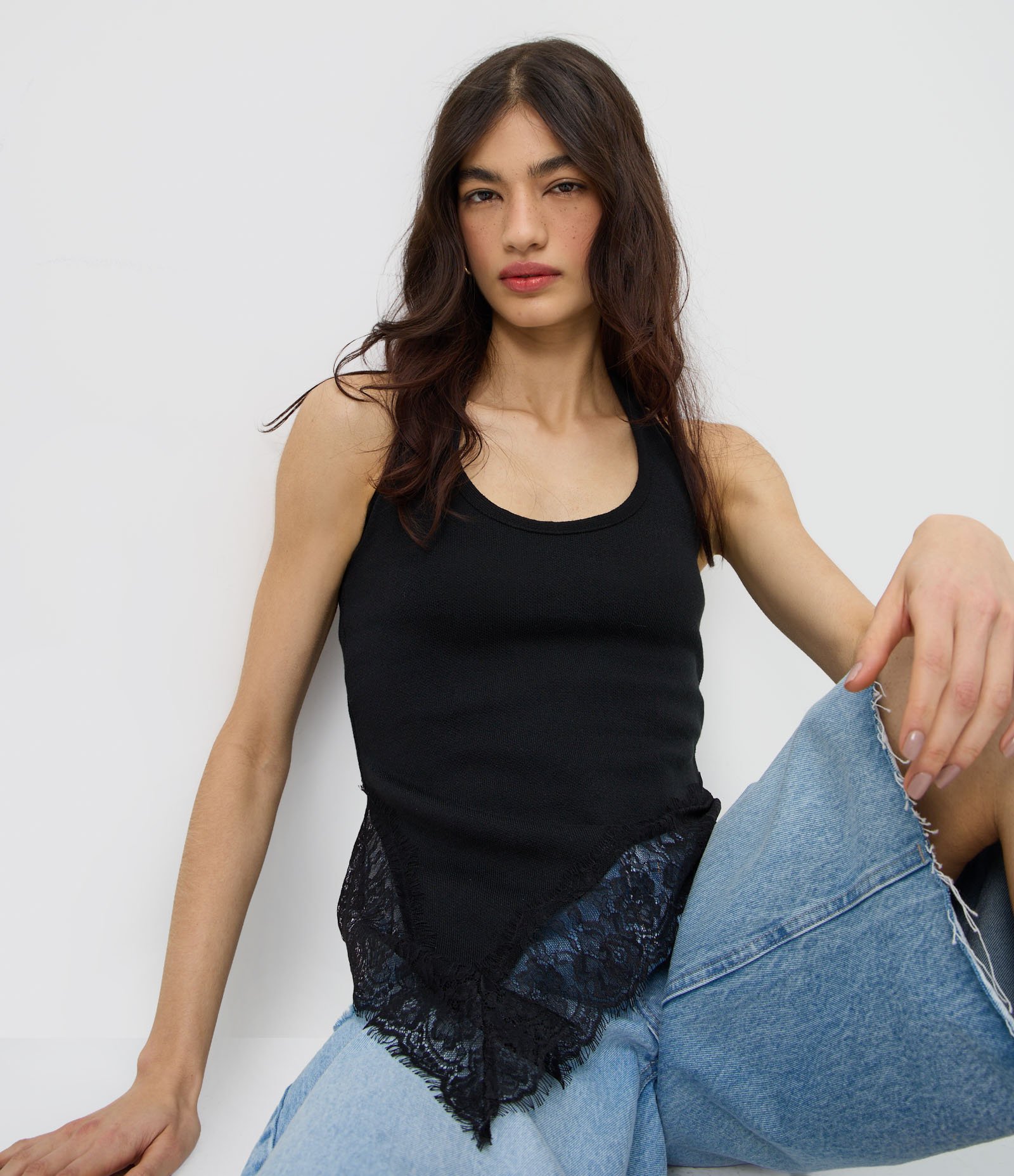 Blusa Frente Única em Tricô com Renda Preto 1