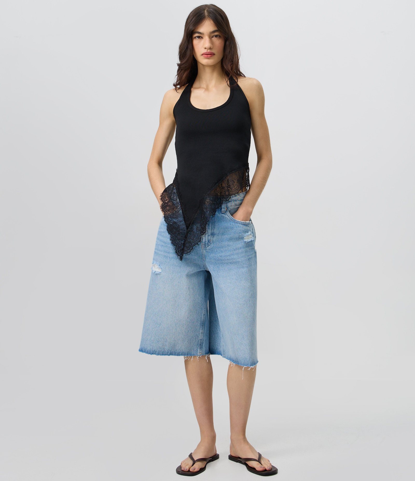 Blusa Frente Única em Tricô com Renda Preto 2