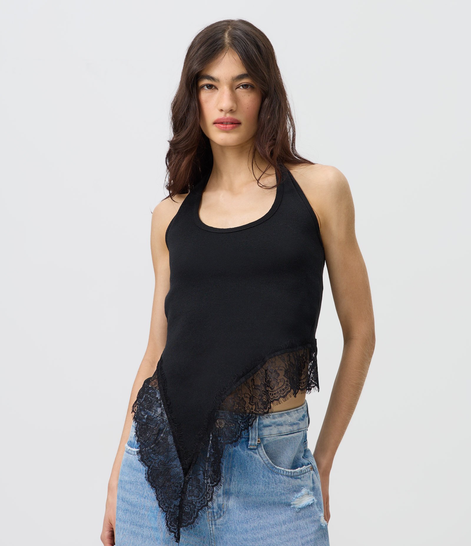 Blusa Frente Única em Tricô com Renda Preto 3