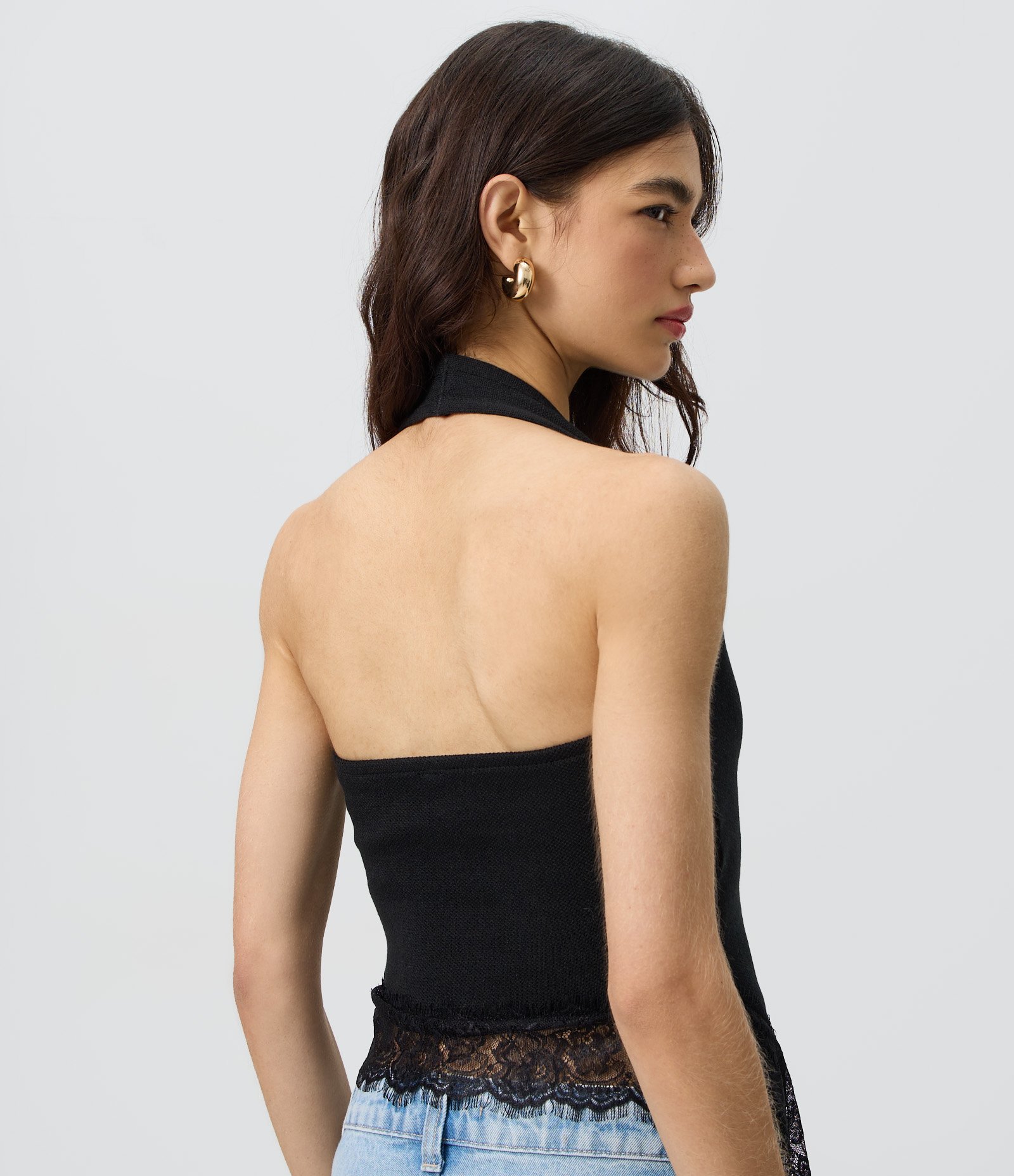 Blusa Frente Única em Tricô com Renda Preto 4