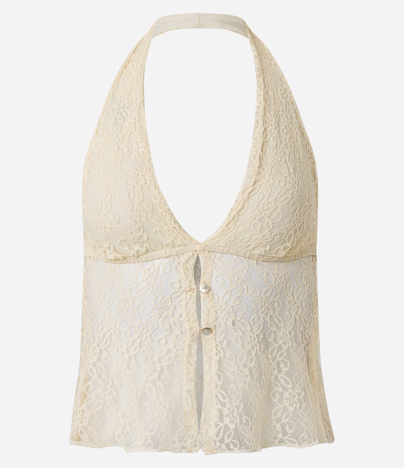 Blusa Frente Única em Renda com Transparência e Botões Frontais Bege 3