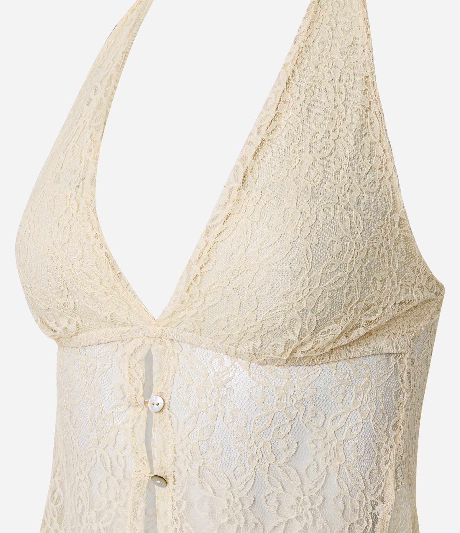 Blusa Frente Única em Renda com Transparência e Botões Frontais Bege 4