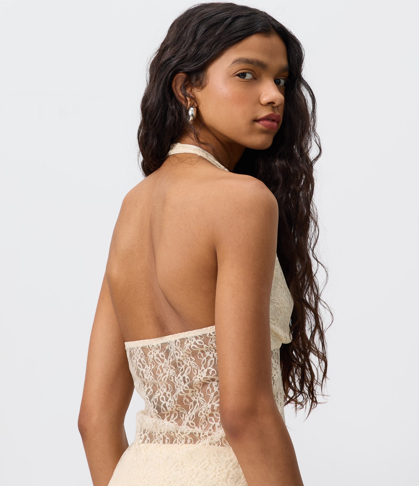Blusa Frente Única em Renda com Transparência e Botões Frontais Bege 2