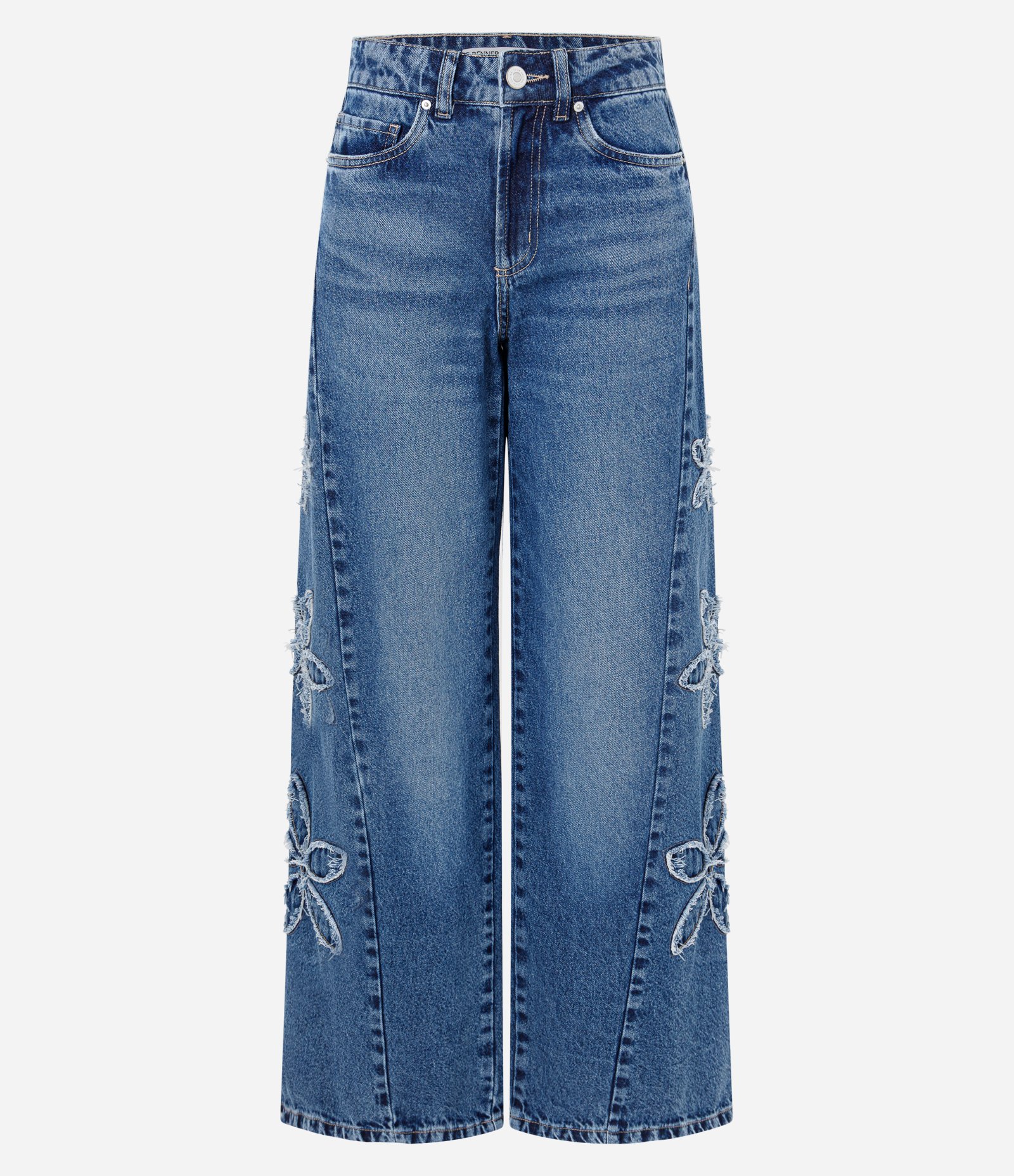 Calça Wide em Jeans com Bordado de Flores Azul 1