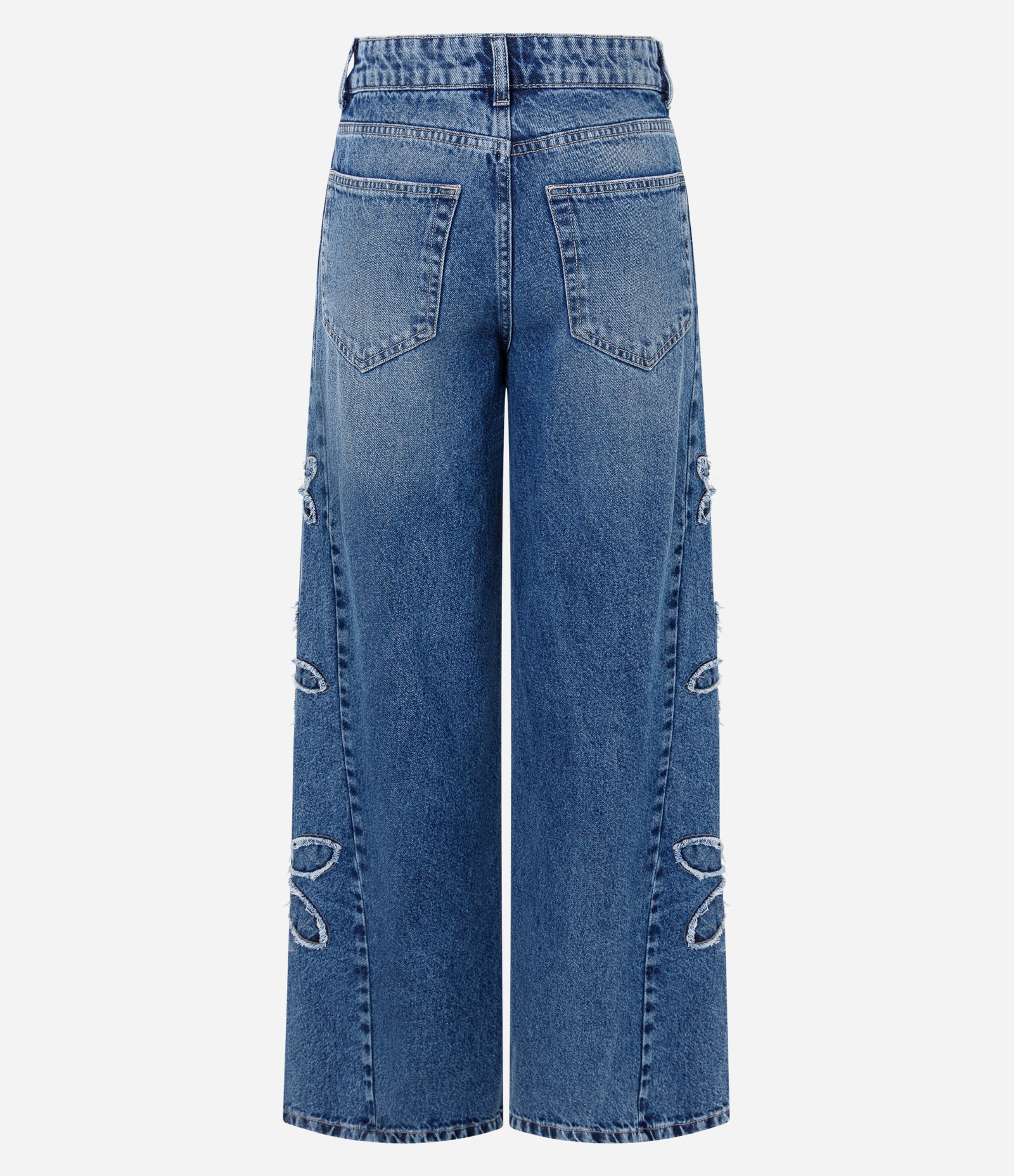 Calça Wide em Jeans com Bordado de Flores Azul 3