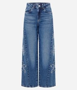 Calça Wide em Jeans com Bordado de Flores