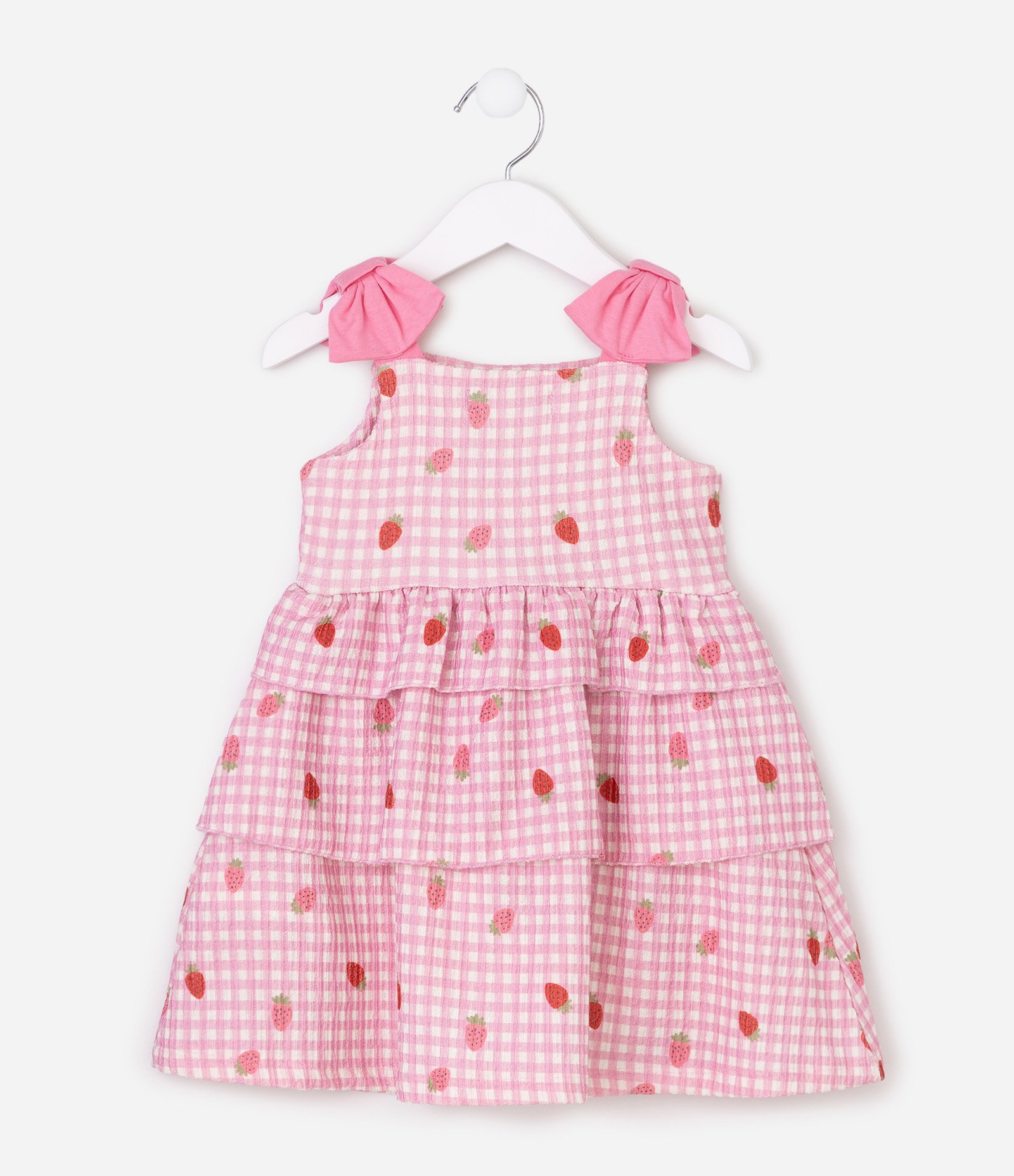 Vestido Infantil Em algodão com Estampa Morangos e Babados Tam - 1 a 6 Anos Rosa 2