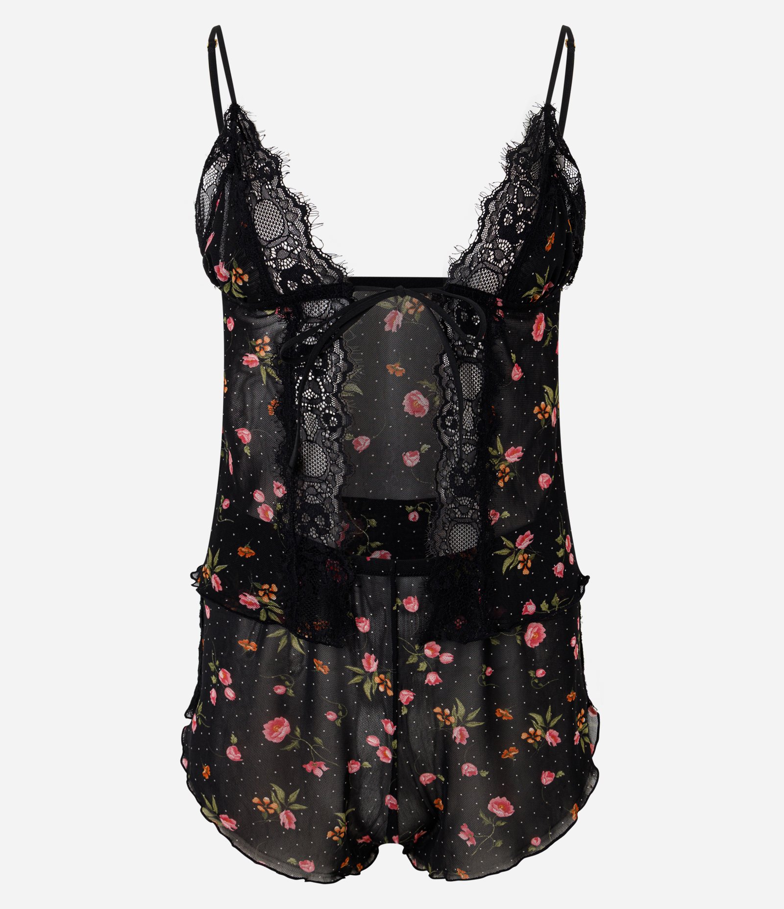Pijama Tule Floral com Renda e Amarração Preto 4