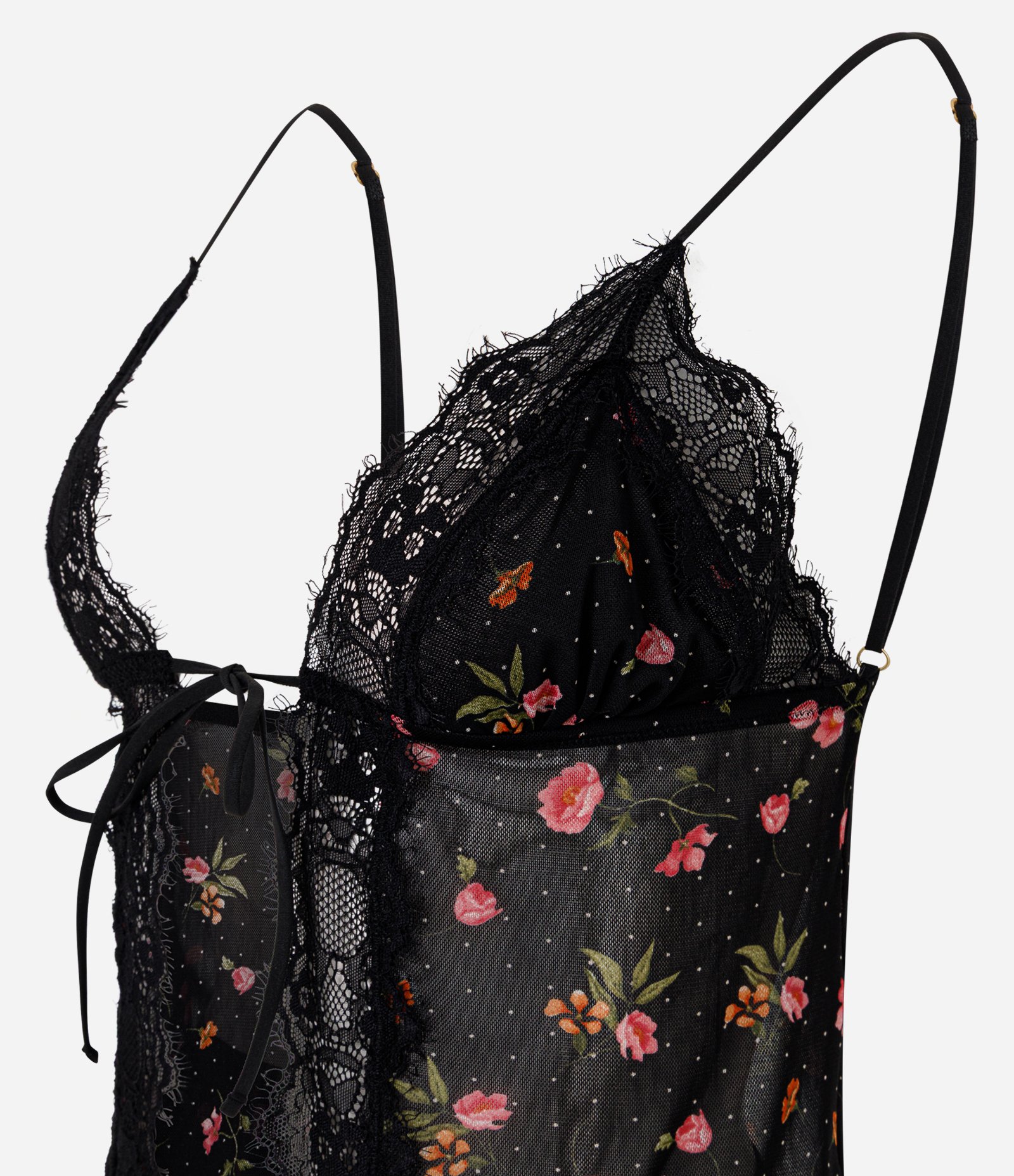 Pijama Tule Floral com Renda e Amarração Preto 5