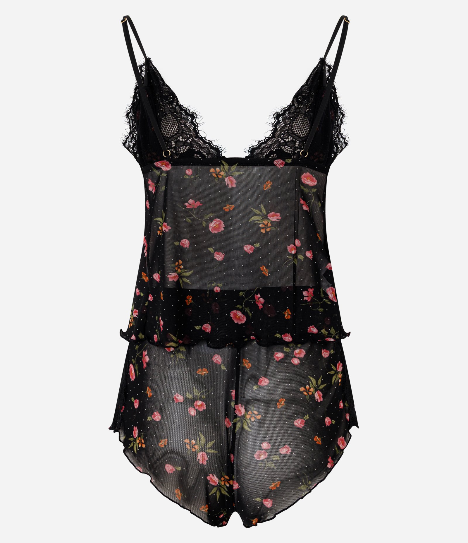 Pijama Tule Floral com Renda e Amarração Preto 6