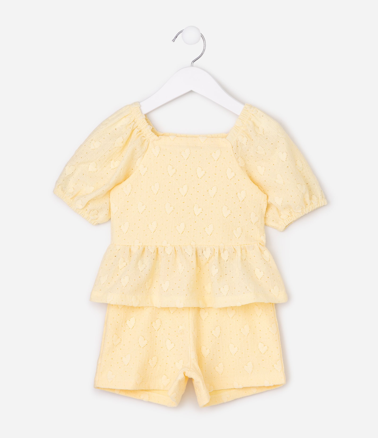Conjunto Infantil Em Algodão Bordado de Corações com Blusa Peplum - Tam 1 a 6 Anos Amarelo 7