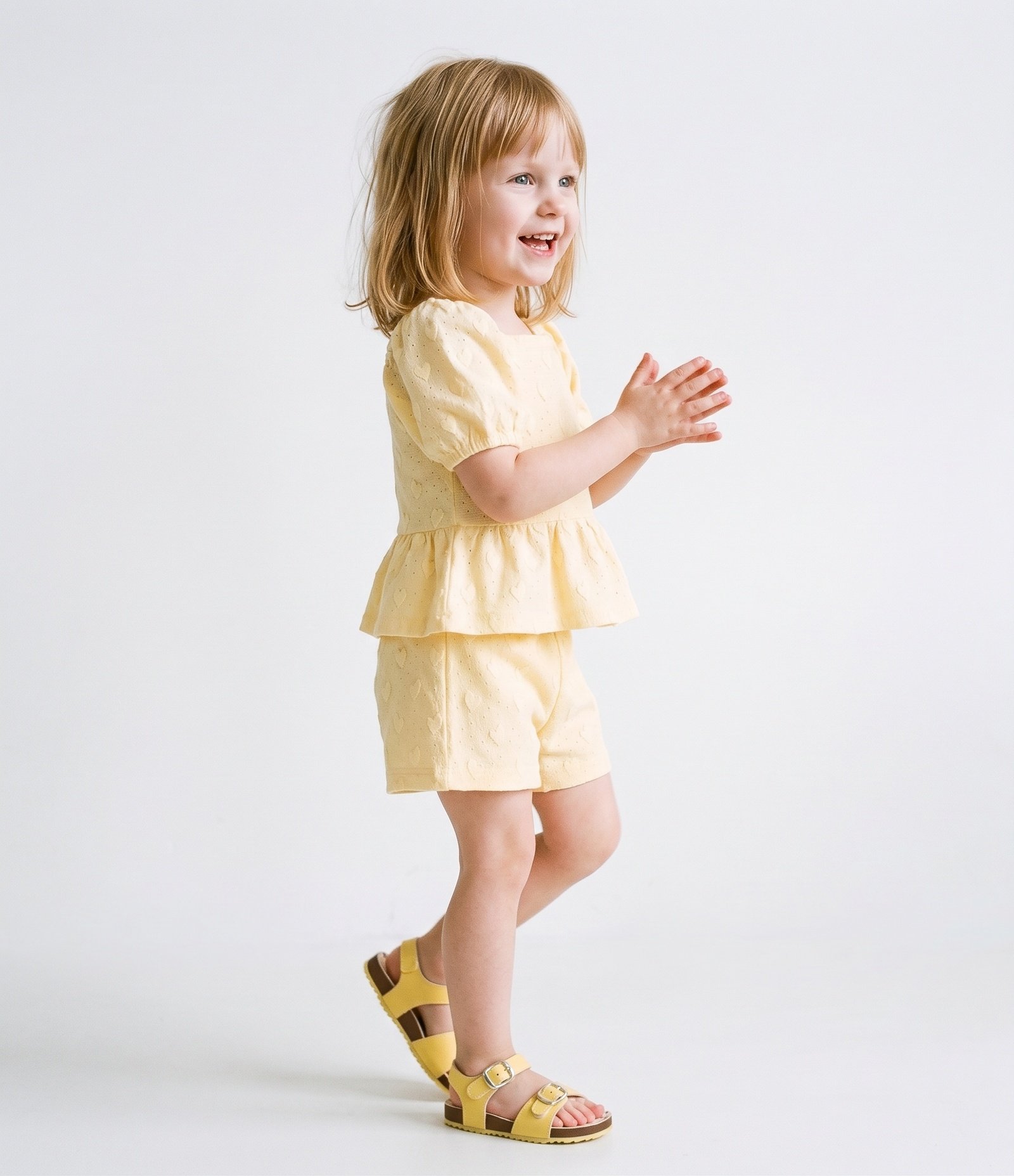 Conjunto Infantil Em Algodão Bordado de Corações com Blusa Peplum - Tam 1 a 6 Anos Amarelo 2