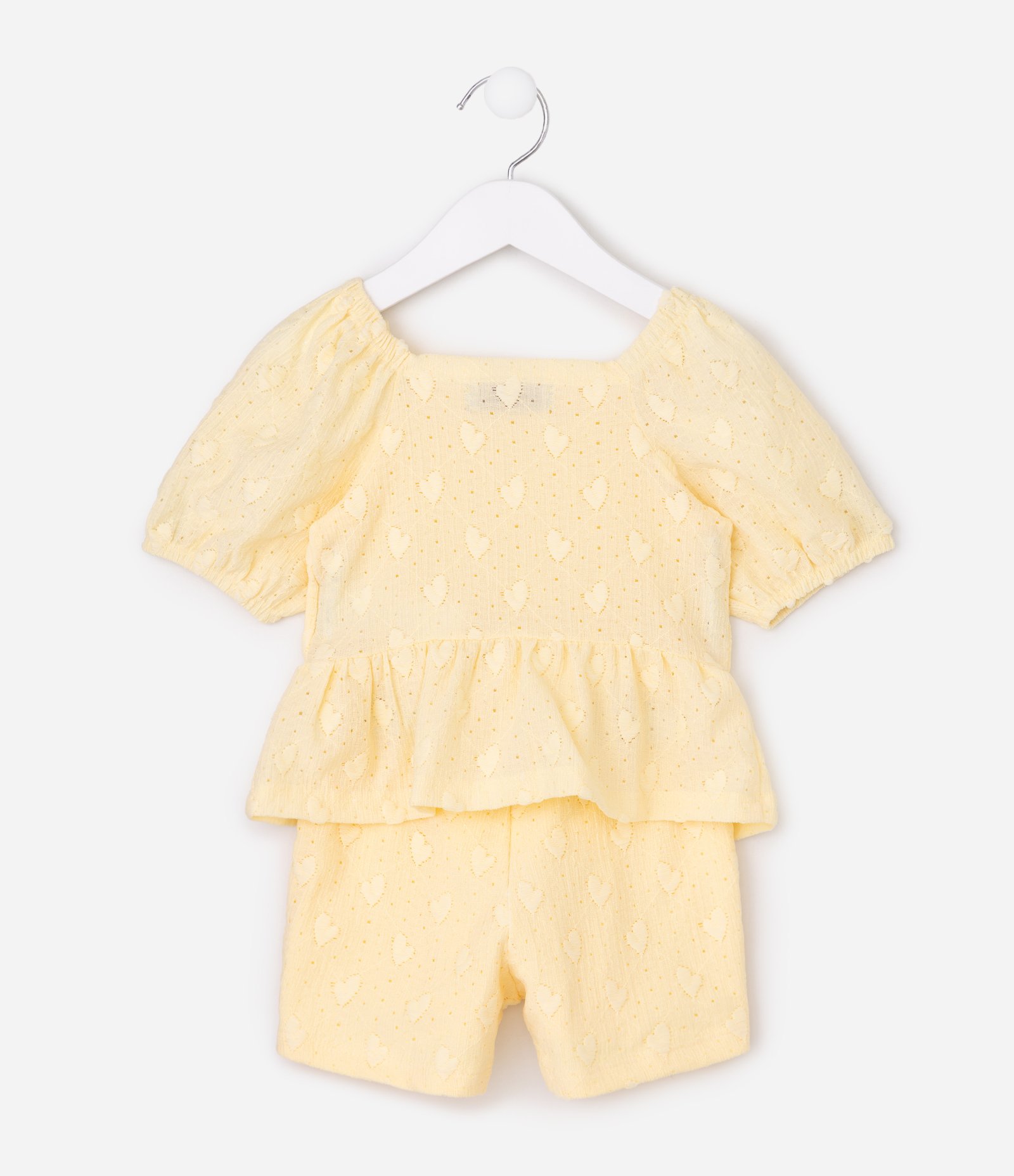 Conjunto Infantil Em Algodão Bordado de Corações com Blusa Peplum - Tam 1 a 6 Anos Amarelo 4