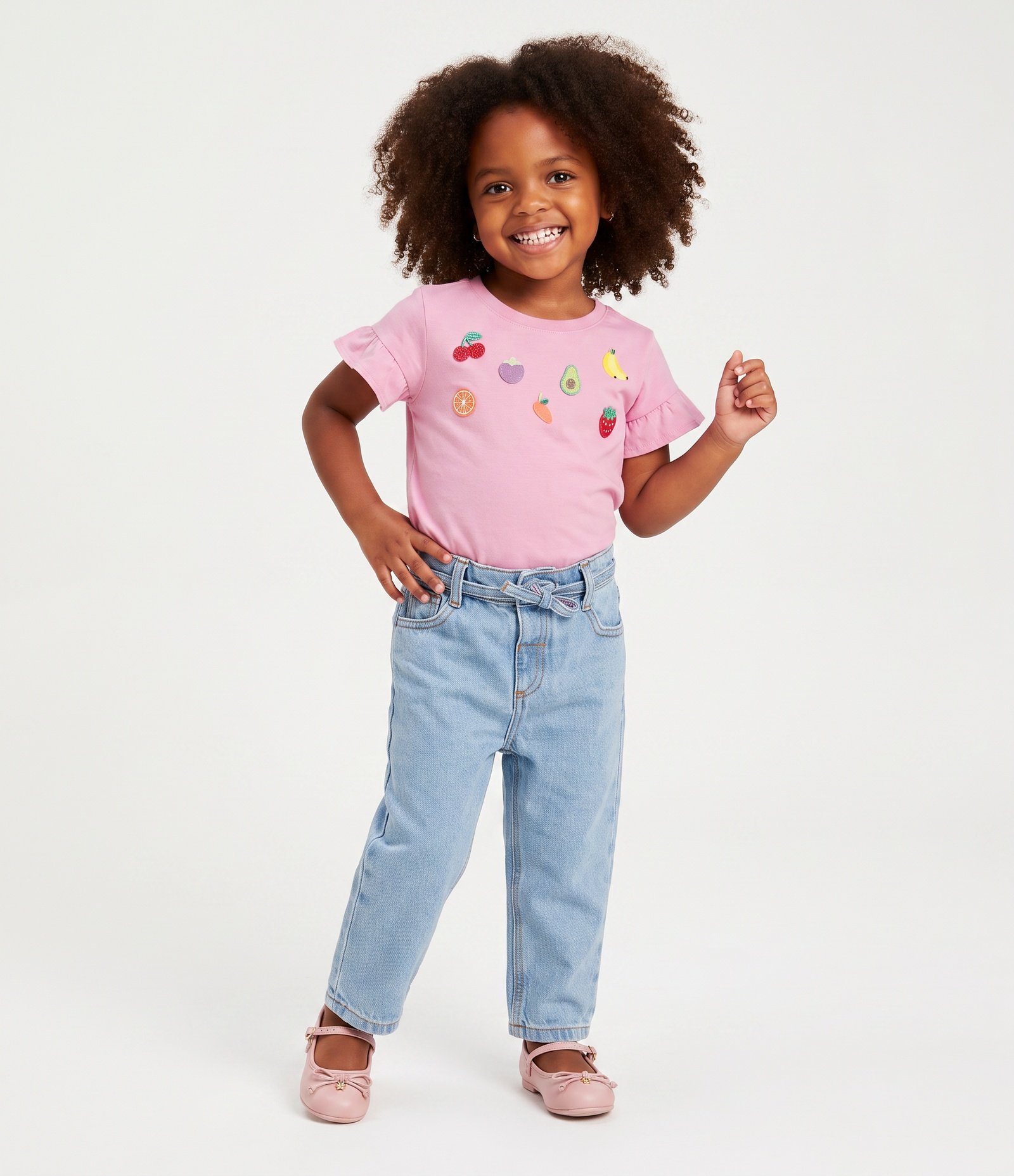 Camiseta Infantil com Babado nas Mangas e Bordado de Frutas - Tam 1 a 6 Anos Rosa 1