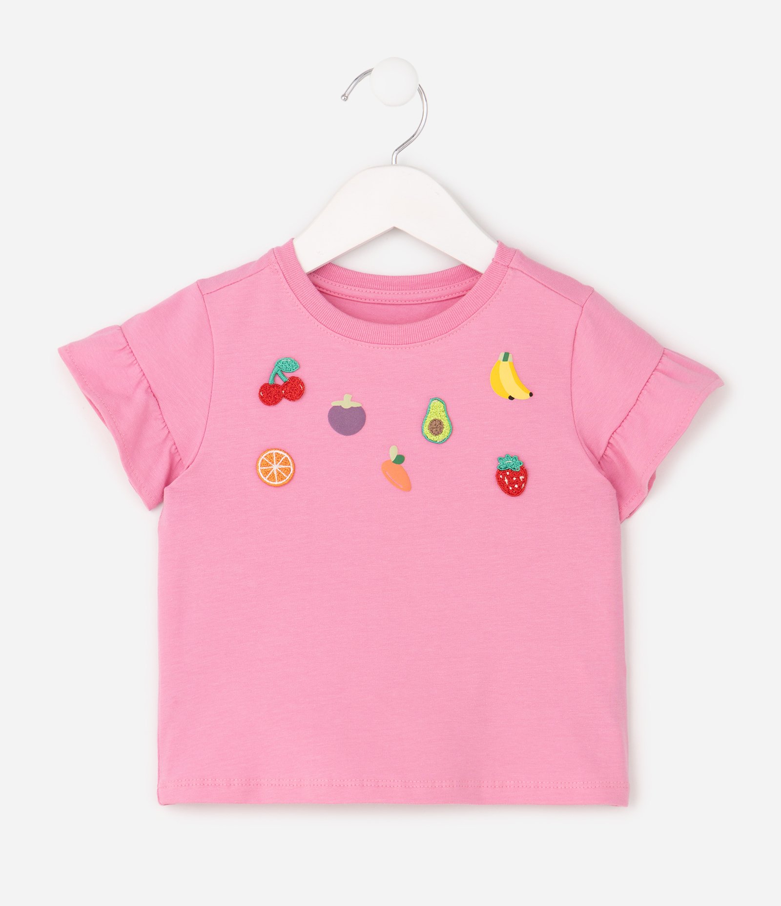 Camiseta Infantil com Babado nas Mangas e Bordado de Frutas - Tam 1 a 6 Anos Rosa 2