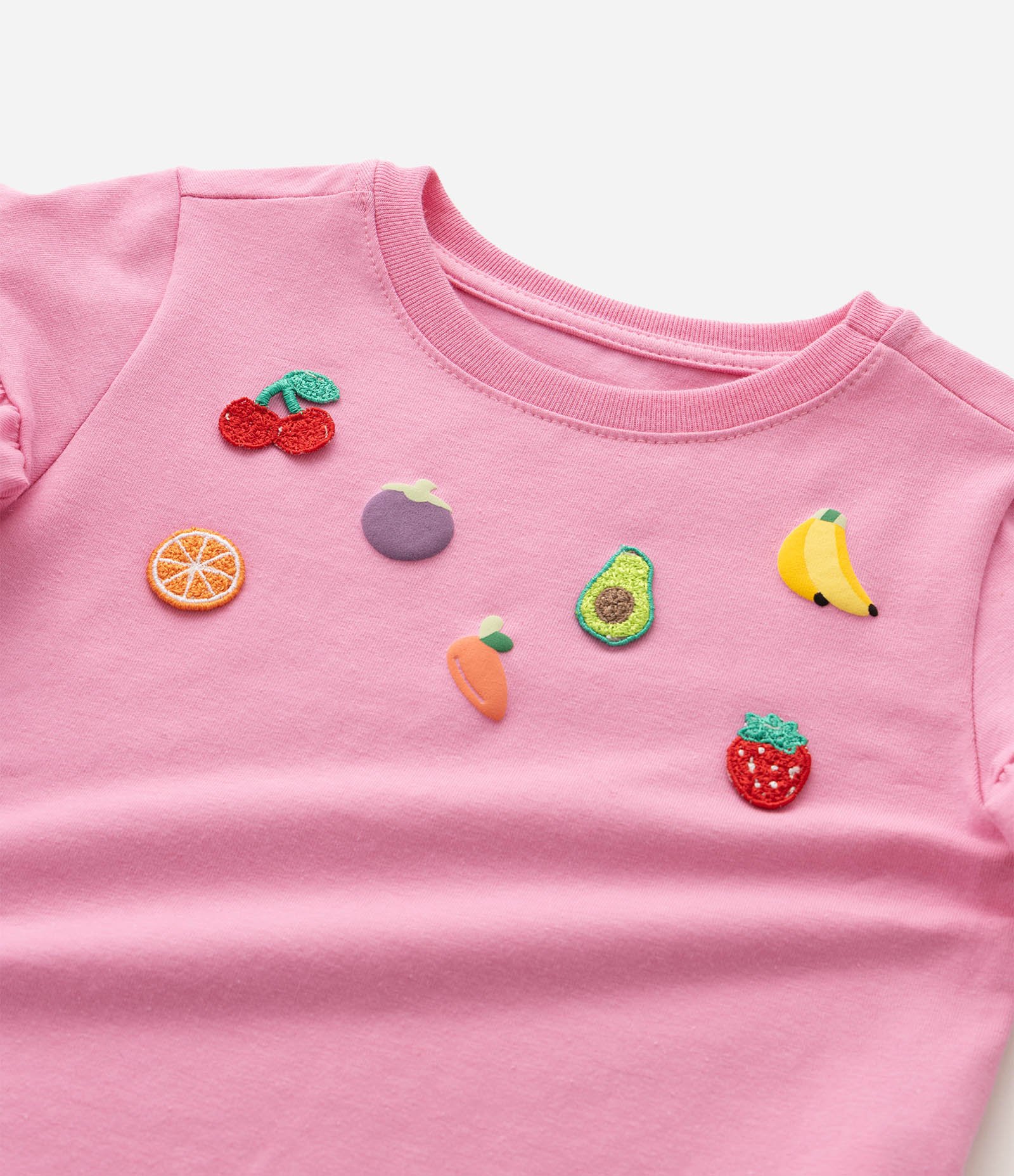 Camiseta Infantil com Babado nas Mangas e Bordado de Frutas - Tam 1 a 6 Anos Rosa 5