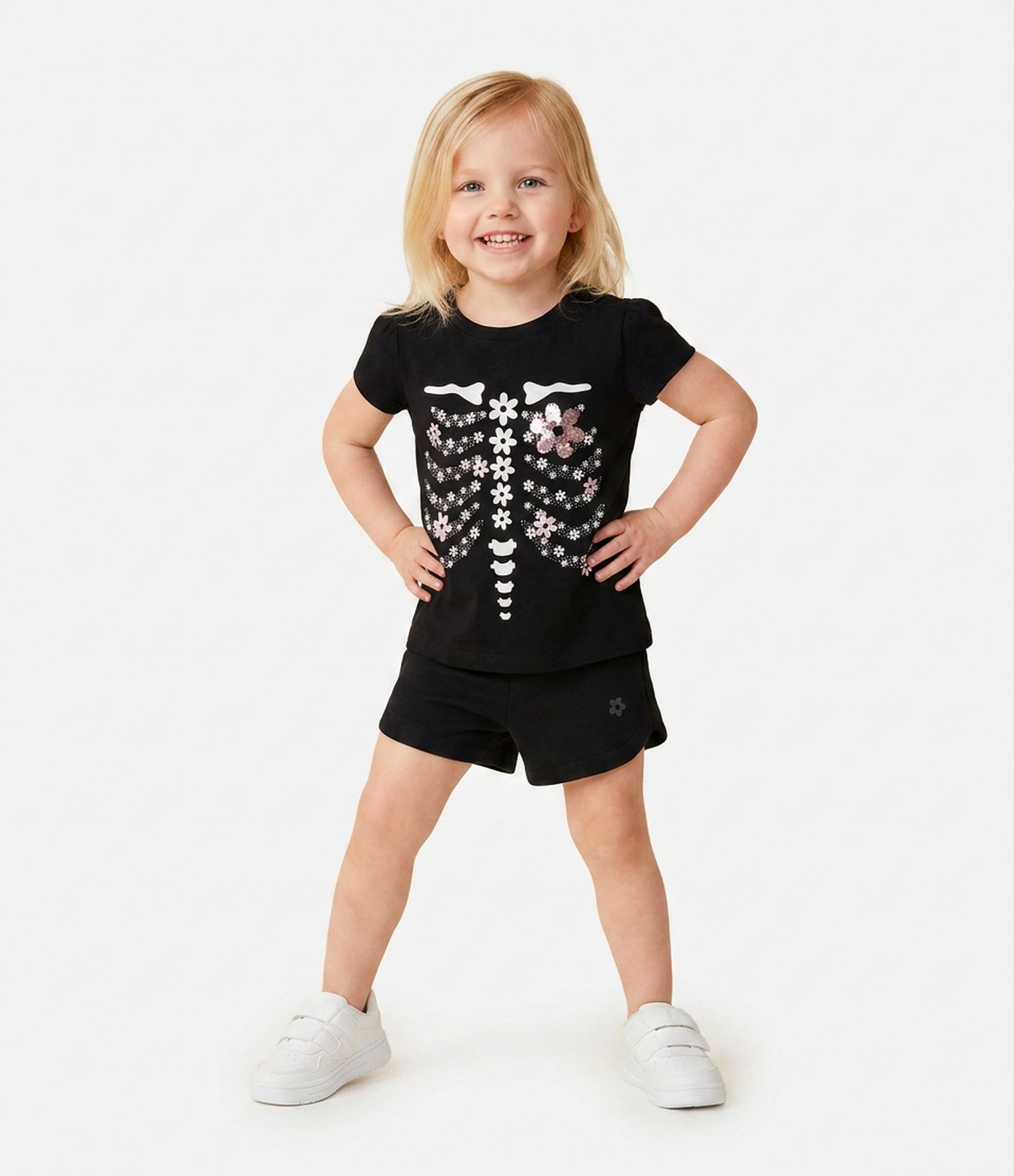 Blusa Infantil Estampa Esqueleto Floral – Tam 1 a 6 Anos Preto 1