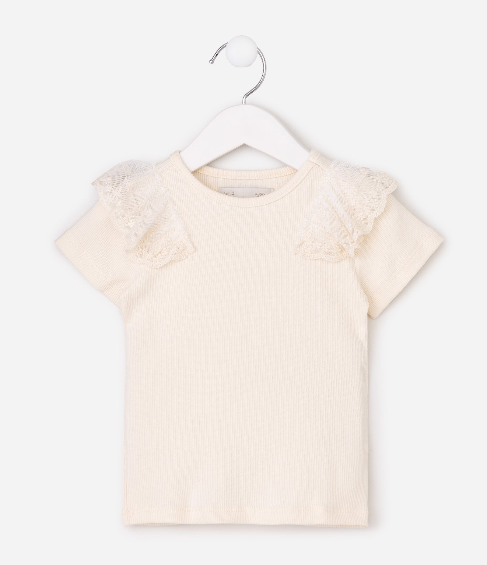 Camiseta Infantil em Ribana com Tule e Paetê - Tam 1 a 6 Anos Bege 2