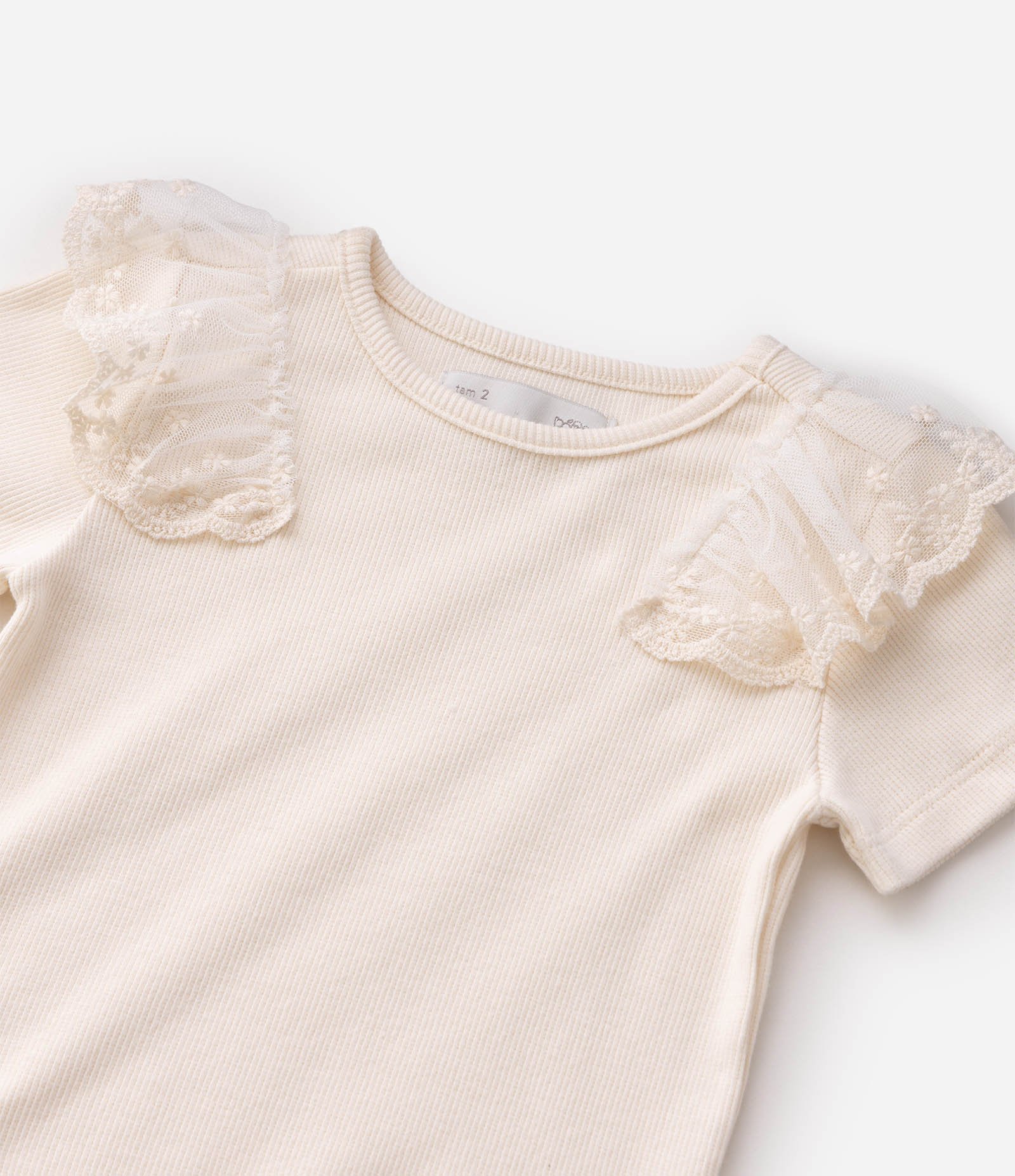 Camiseta Infantil em Ribana com Tule e Paetê - Tam 1 a 6 Anos Bege 5