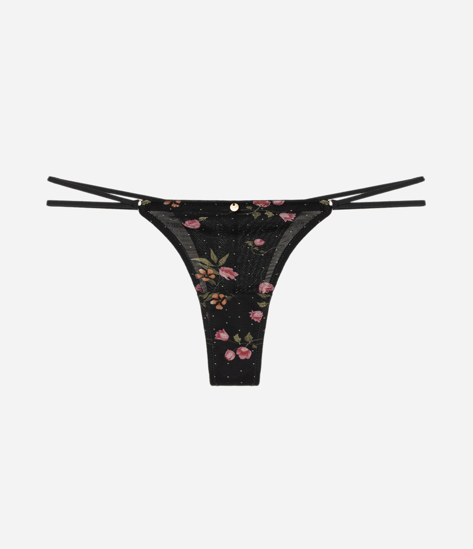Calcinha String Fio Duplo em Tule com Estampa Floral Preto 5