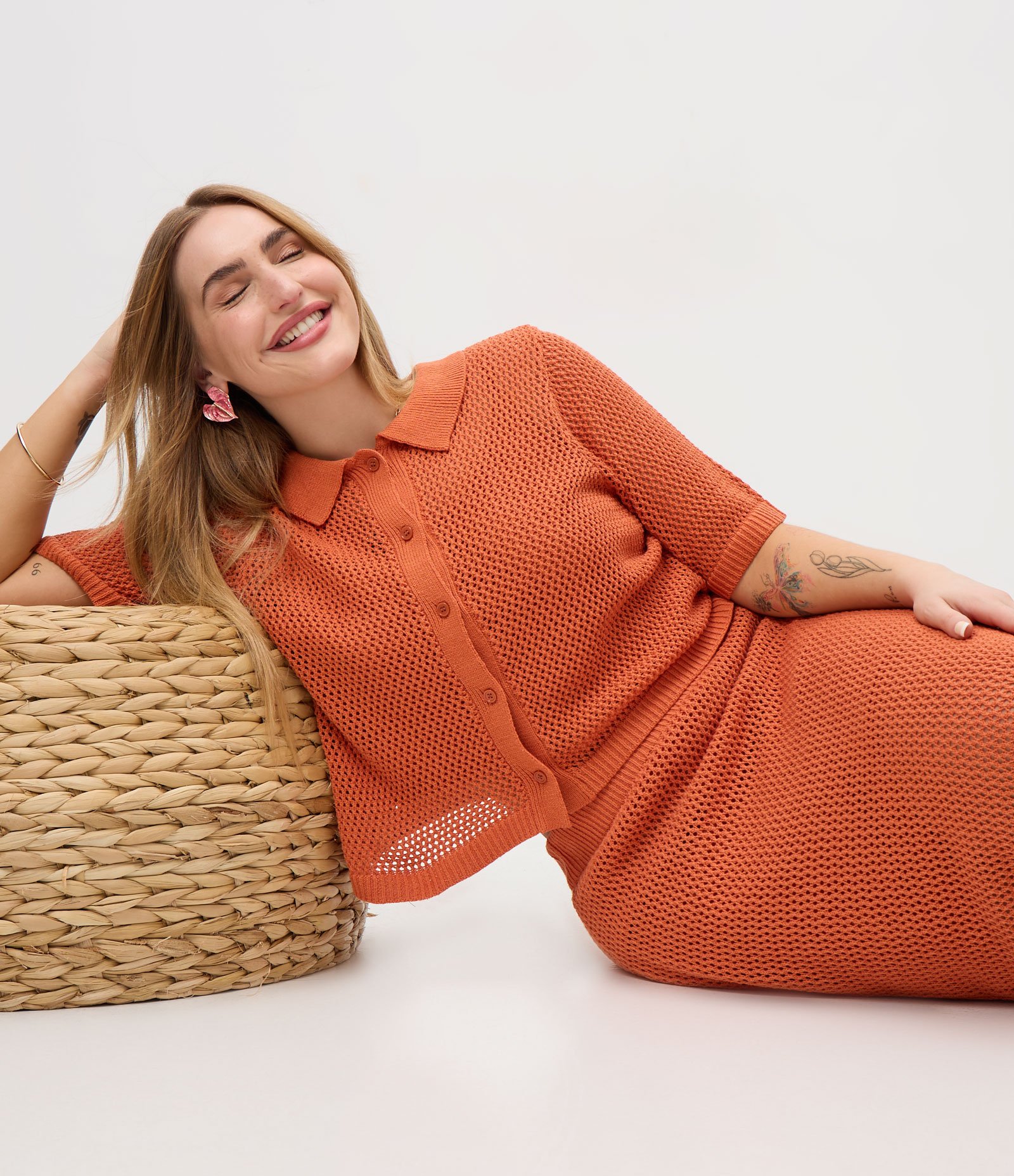 Blusa Cropped em Tricô com Gola Polo Curve & Plus Size Laranja 1