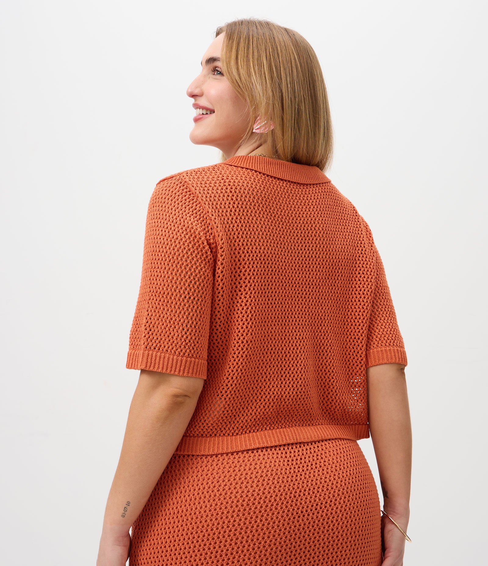 Blusa Cropped em Tricô com Gola Polo Curve & Plus Size Laranja 4
