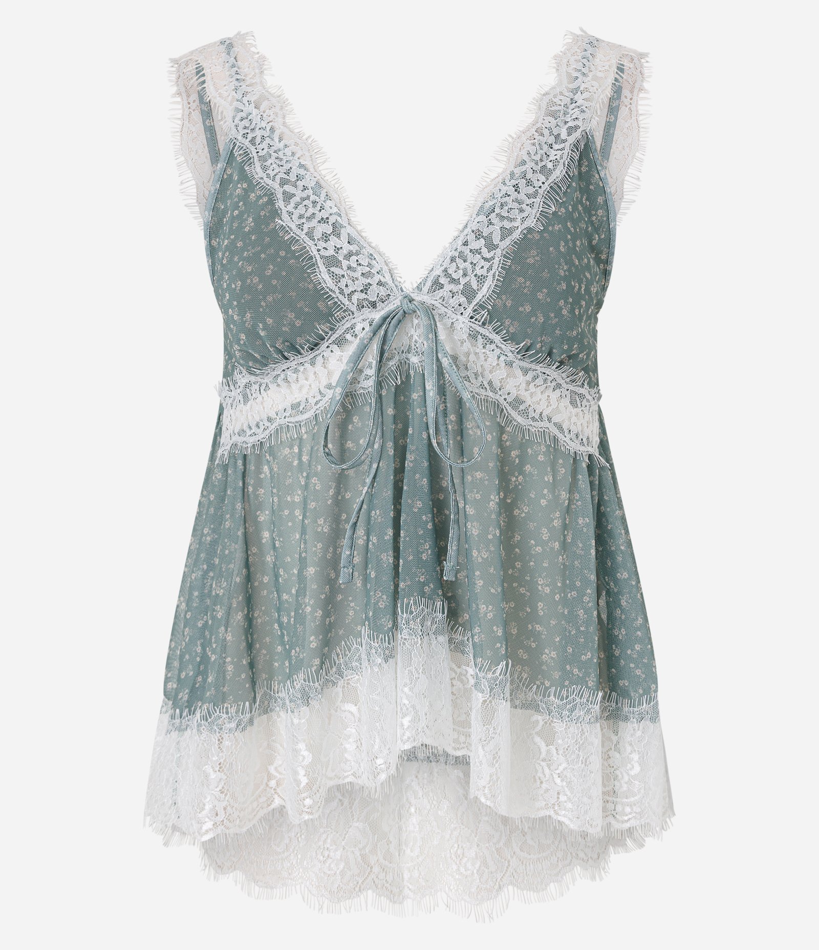 Blusa em Tule Floral com Renda e Amarração Frontal Verde 1