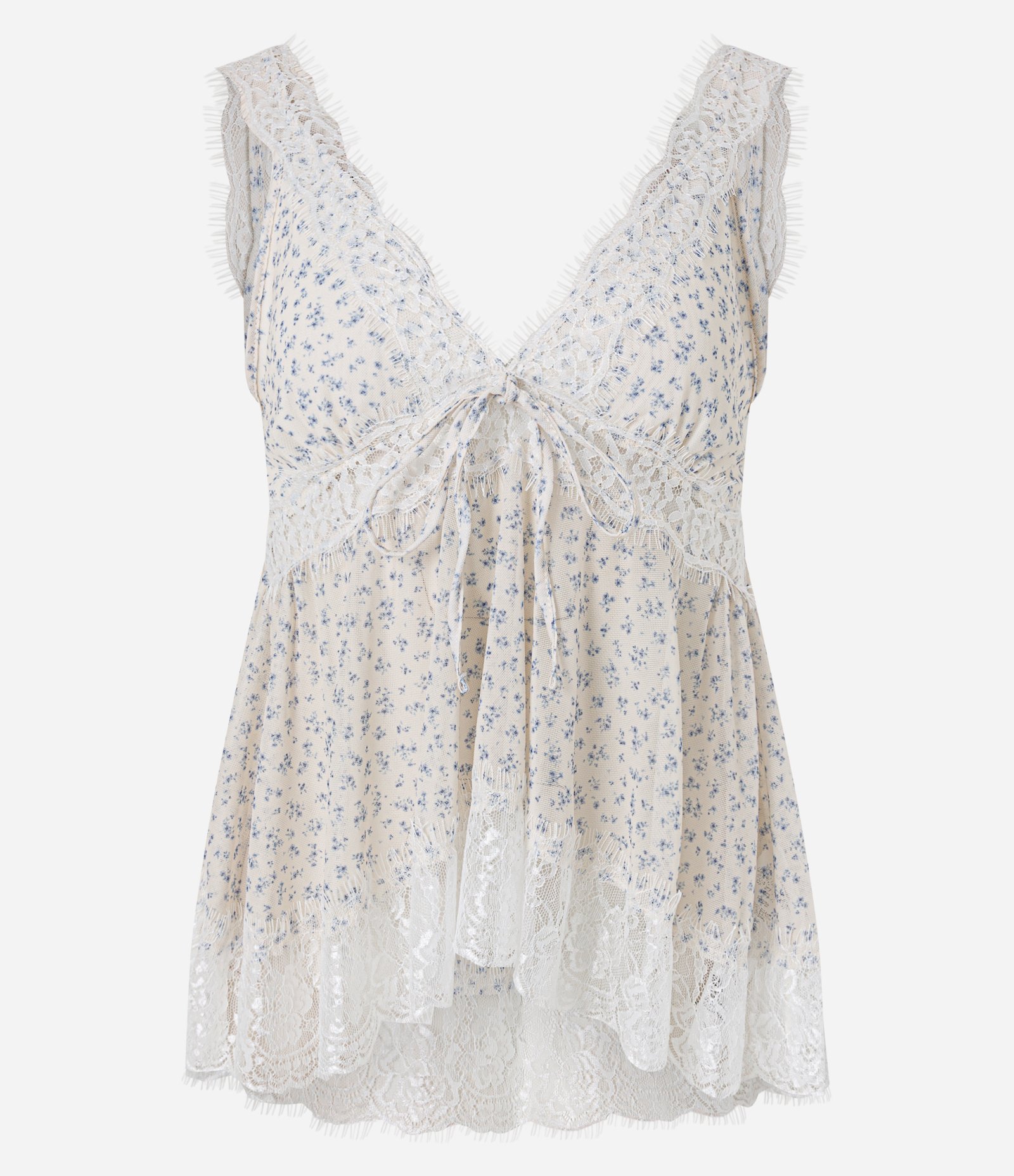 Blusa Floral em Tule com Renda e Amarração Frontal Off White 3