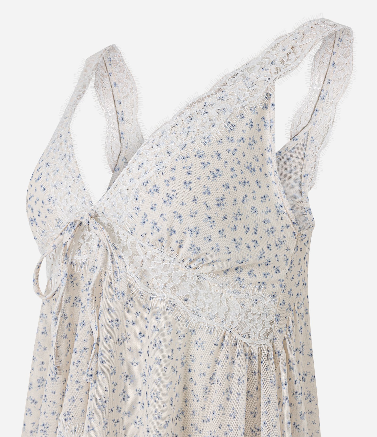 Blusa Floral em Tule com Renda e Amarração Frontal Off White 4