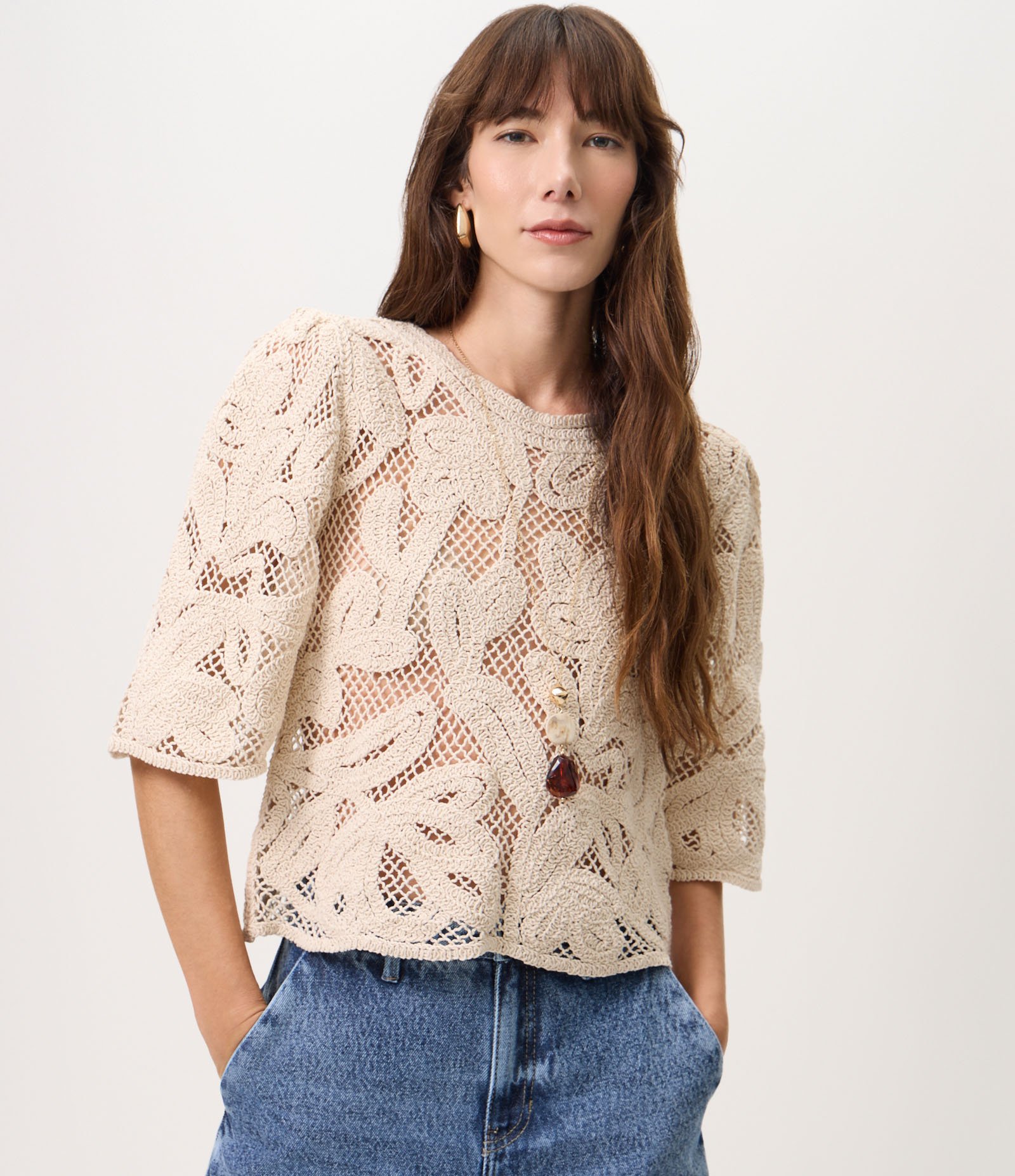 Blusa Regular em Crochê Cinza 1