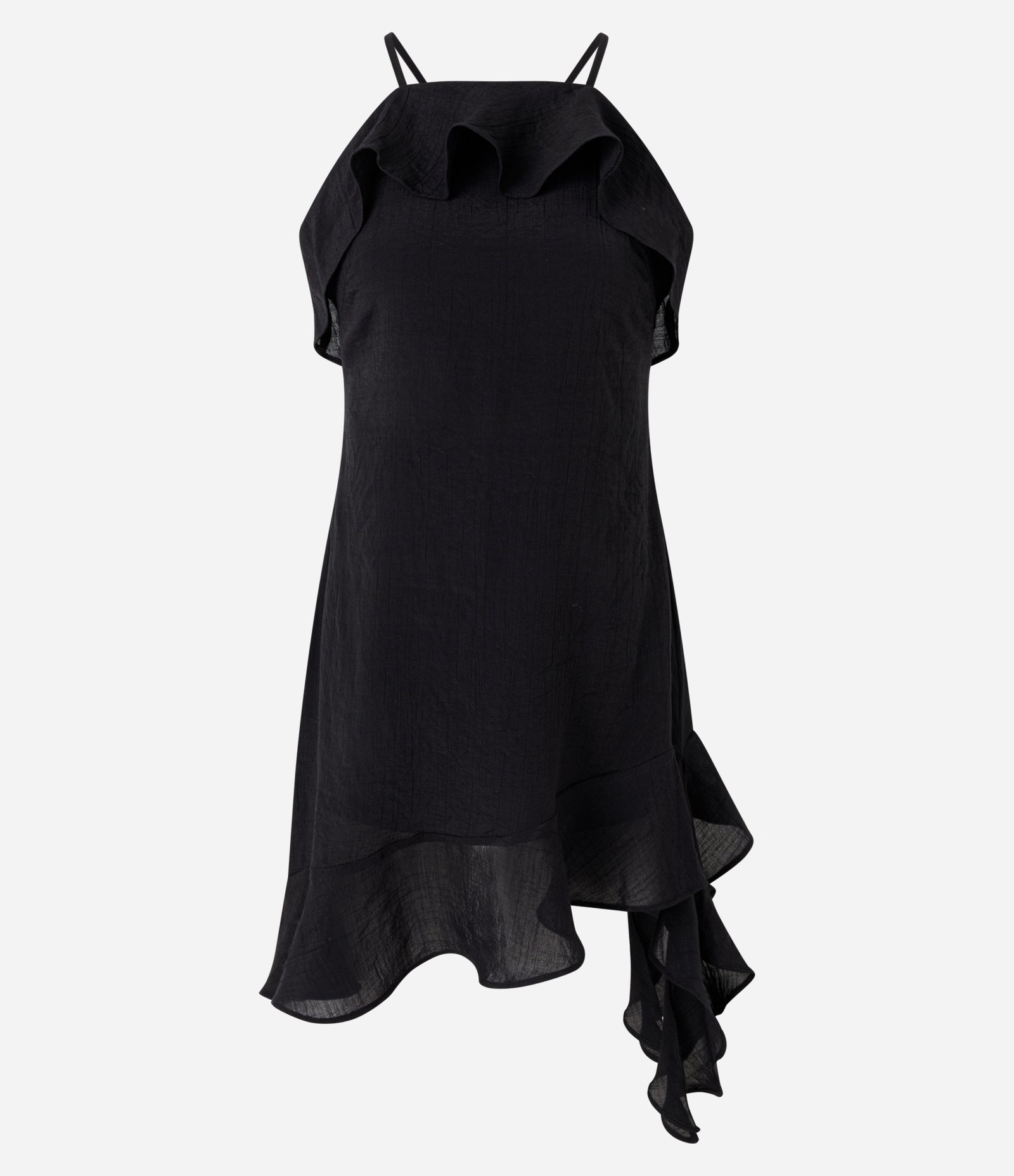 Vestido Curto em Viscose com Babado e Barra Assimétrica Preto 1