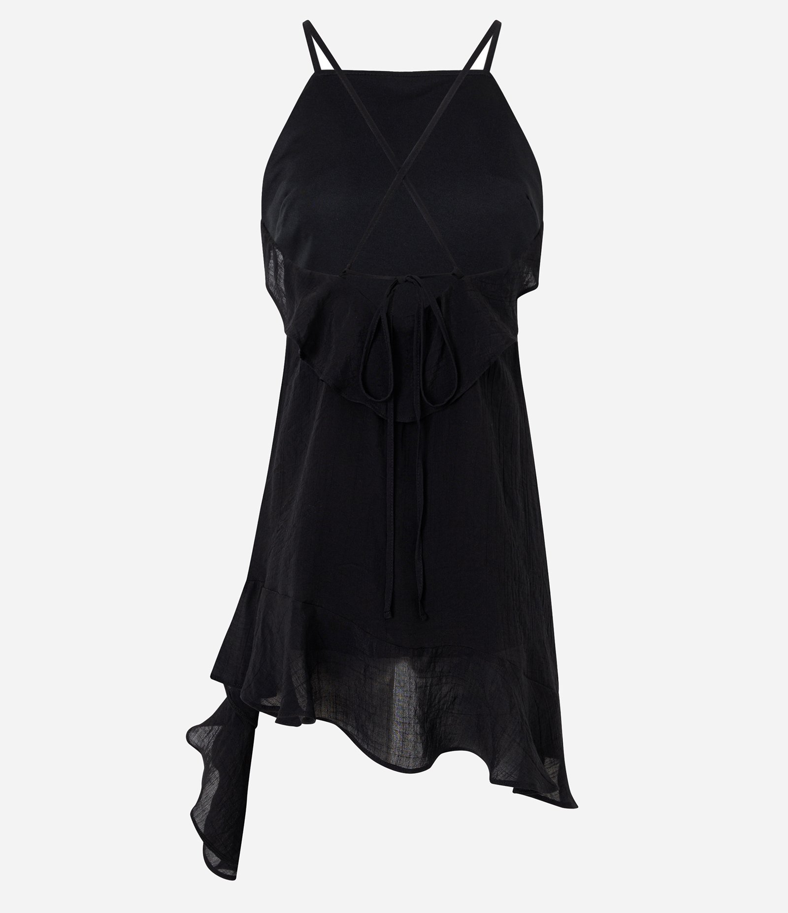 Vestido Curto em Viscose com Babado e Barra Assimétrica Preto 3