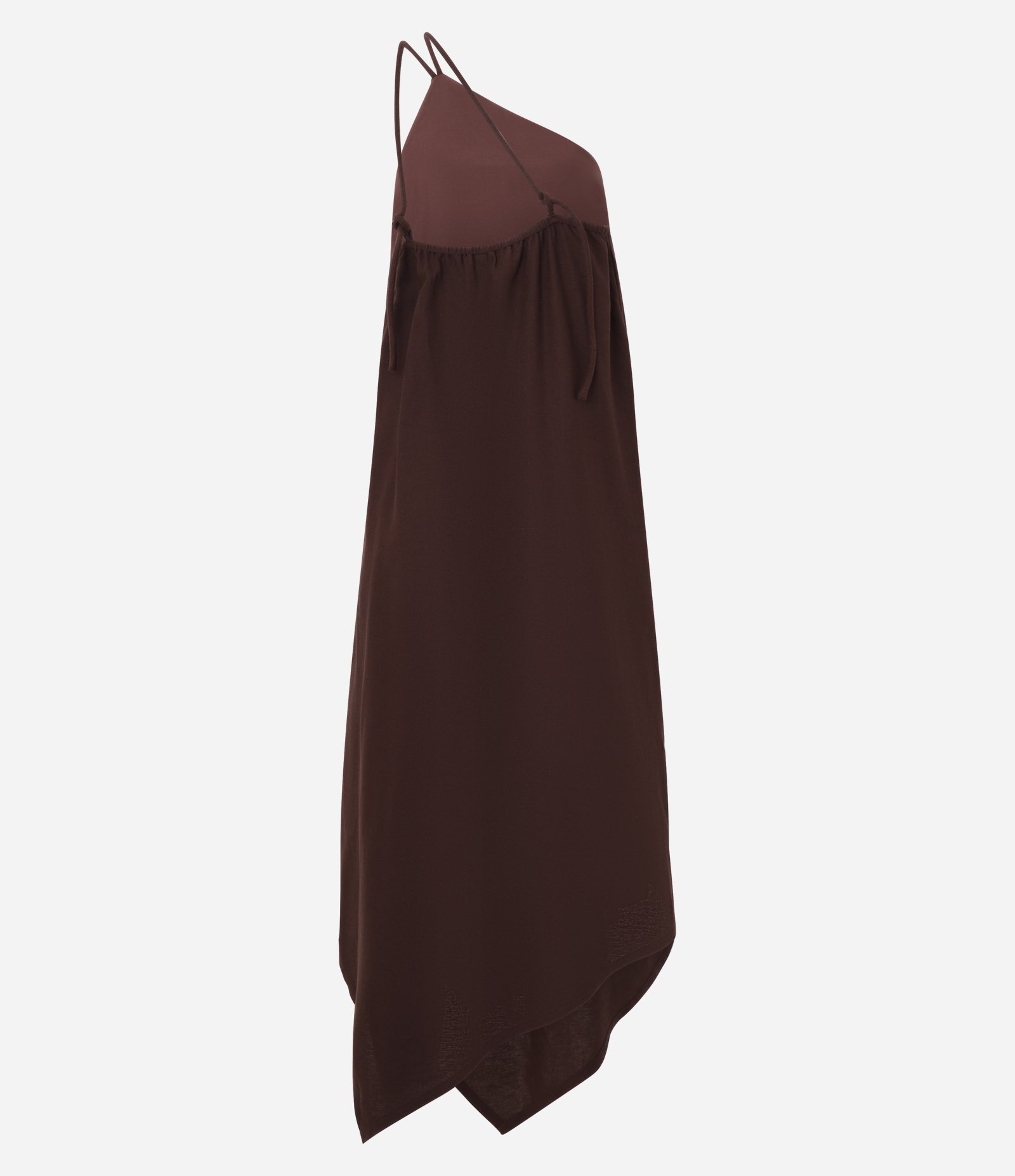 Vestido Frente Única Assimétrico em Viscolinho com Barra Lenço Marrom 2