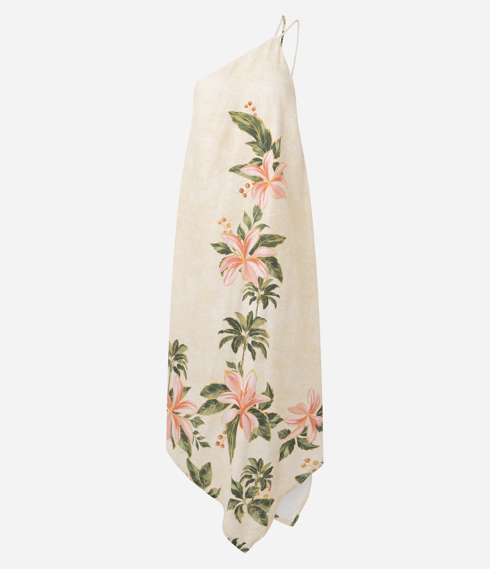 Vestido Frente Única Floral em Viscolinho com Barra Lenço Assimétrica Bege 1