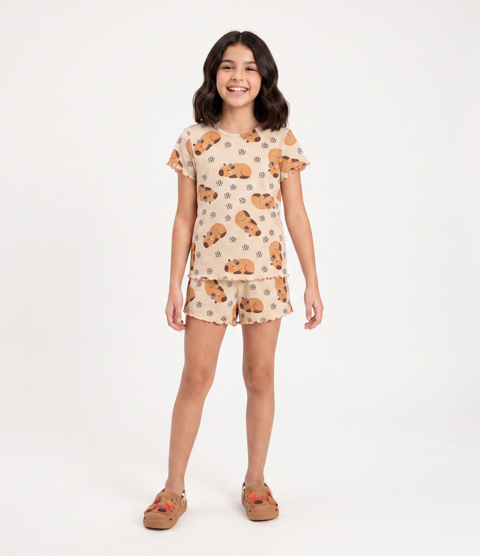 Conjunto de Pijama Infantil em Algodão com Estampa de Capivaras - Tam 5 A 16 Anos Bege 1